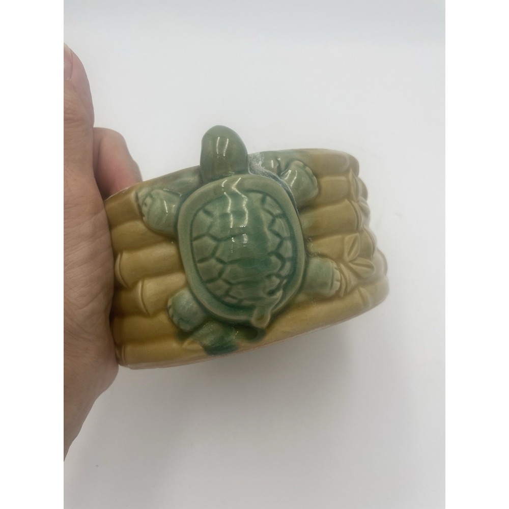 Vintage Ceramic Costa Farms Lucky Bambo & Turtle Planter Dish Tan and Green 5" D - Picture 7 of 8